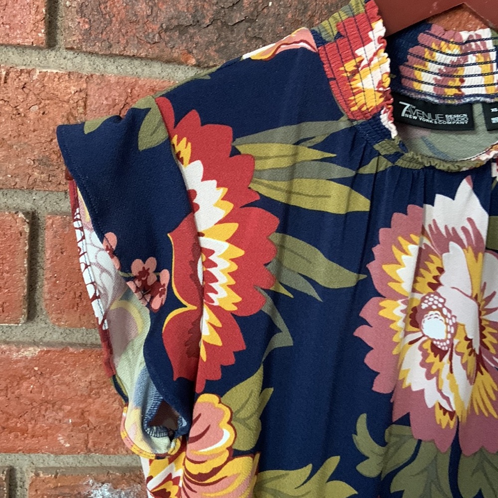 7th Ave NYC Navy Red Floral High Neck Flutter Sleeve Top - Picture 3 of 5
